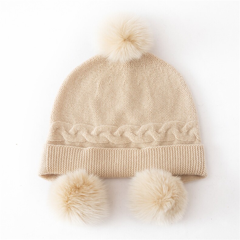 2025年春季新款百搭女士球球双股加厚护耳帽，帽子，戎咖羊绒