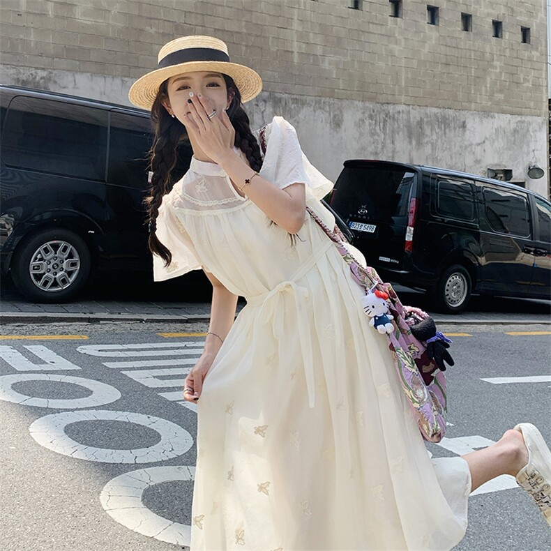 轻国风米白色连衣裙女2025夏季新款法式复古别致绝美新中式长裙子,女装连衣裙,2C088