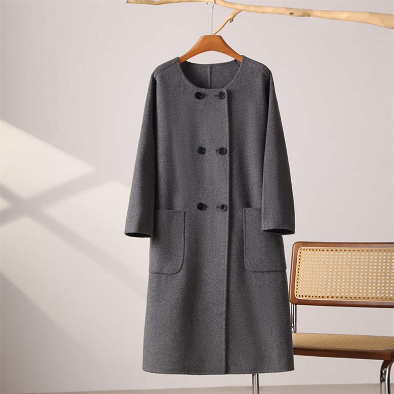 秋冬季10%90%羊毛羊绒休闲简约时尚百搭圆领直插兜双面呢大衣，女装双面呢大衣，水之秀羊绒大衣