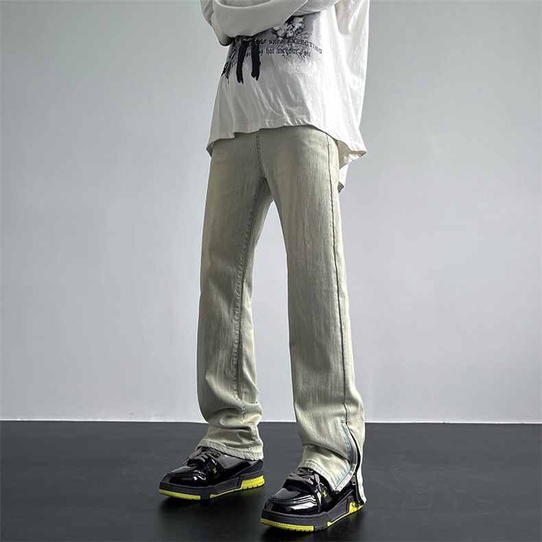 A062美式ins高街小众拉链牛仔裤泥黄色牛仔直筒裤K2317-P55，男装牛仔裤，电商A062