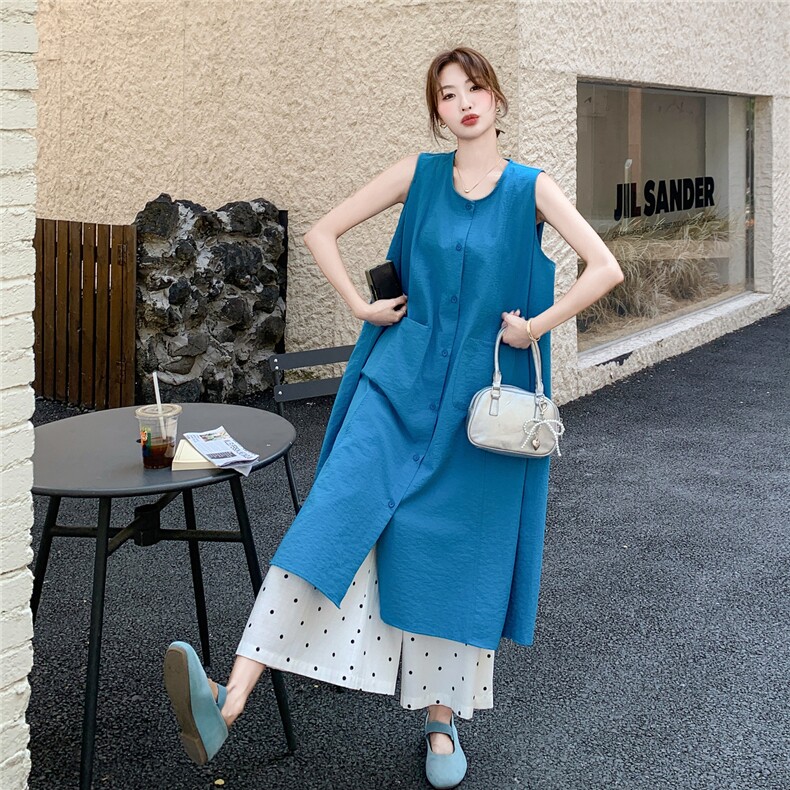 蓝色叠穿波点阔腿裤连衣裙套装女夏日绝美两件套流行独特漂亮超火，女装套装/套裙，2C277