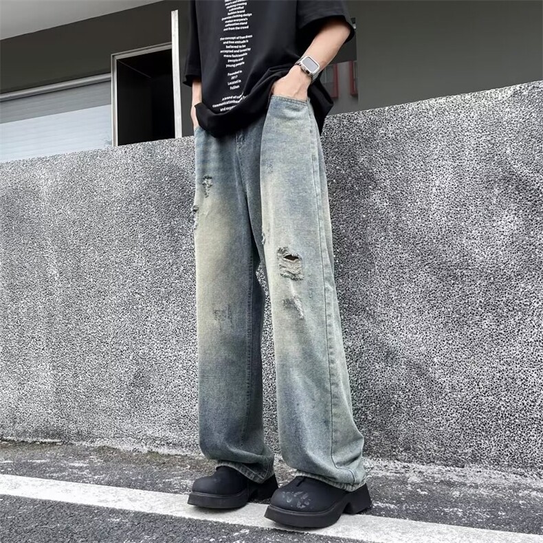 美式破洞牛仔裤男款cleanfit裤子高街潮牌阔腿休闲裤72777-p42图片