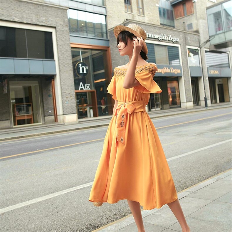 复古名族风一字肩连衣裙1315-1，女装连衣裙，Yologo