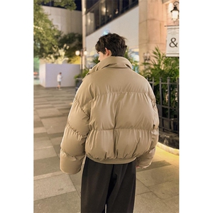 现货5W件冬季三防重磅硬挺boxy短款羽绒立领PU皮棉衣外套加厚棉服图片