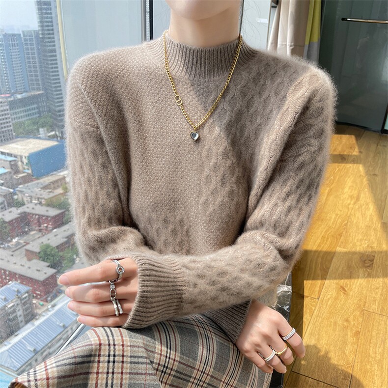麻花加厚半高领女2024秋冬装新款针织衫羊毛衫,女装羊毛衫,百越羊绒