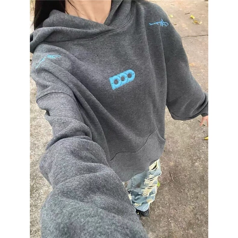深灰色美式刺绣连帽卫衣男款秋季潮牌痞帅重磅帽衫设计感情侣外套图片