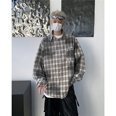 美式复古衬衫男秋季脏染格子衬衣外套oversize宽松情侣设，男装衬衫，星座716-4