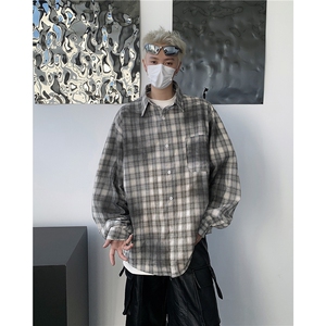 美式复古衬衫男秋季脏染格子衬衣外套oversize宽松情侣设图片