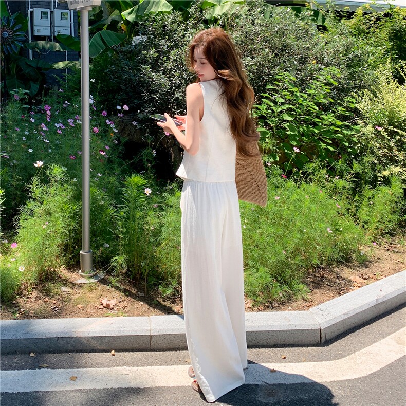 时尚洋所马甲套装女夏季新款职场风V领西装马夹外套阔腿裤两件套,女装套装/套裙,水衣源