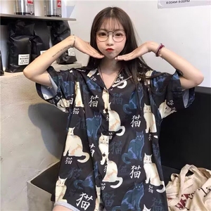 121-P23 日系复古腰果花满印短袖衬衣男女潮牌痞帅宽松图片