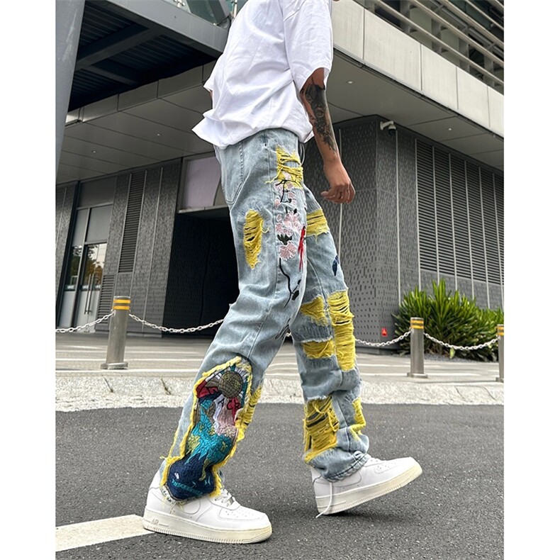 美式街头hiphop补丁刺绣破洞牛仔裤男士小众裤A068-KXSK126-TP80,男装牛仔裤,电商A068