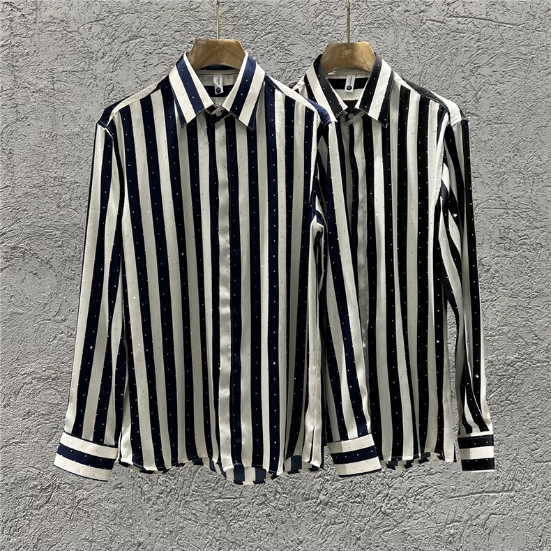 满天星烫钻条纹垂感衬衫男长袖时尚设计感衬衣蓝色C9918-P68,男装衬衫,电商A213