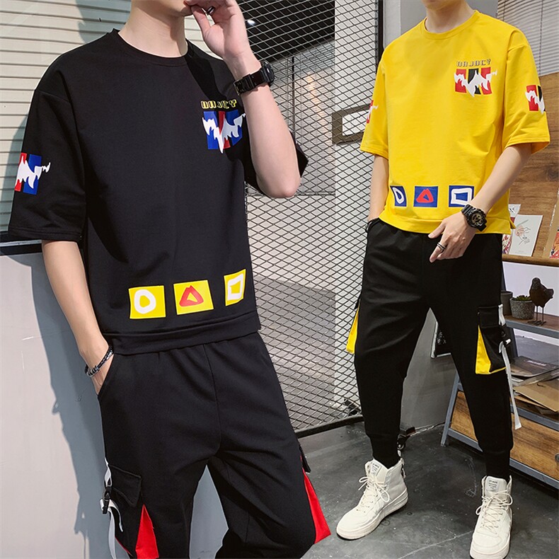 2021夏季男士新款运动休闲短袖套装印花短袖T恤套装男F164P75图片