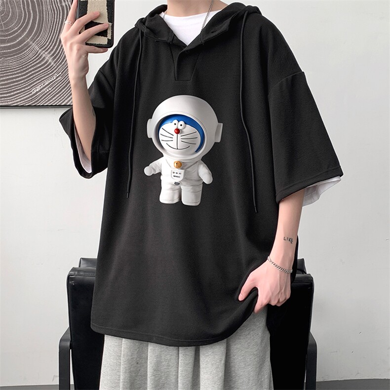 LD54233-P45 连帽短袖t恤男大码胖子带帽五分袖中袖 大皂风图片