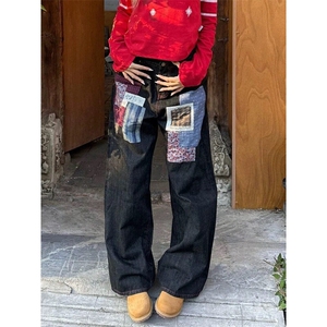 春秋季新款格子贴布设计牛仔裤男女宽松阔腿直筒长裤图片