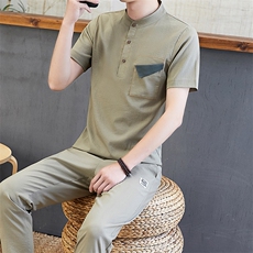 夏季男短袖t恤亚麻套装中国风休闲大码夏装棉麻一套衣服TZ65-P45，男装T恤，星座509