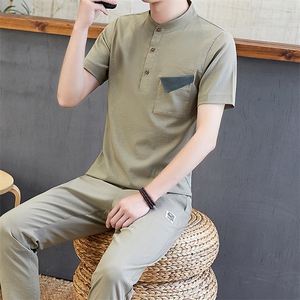 夏季男短袖t恤亚麻套装中国风休闲大码夏装棉麻一套衣服TZ65-P45图片