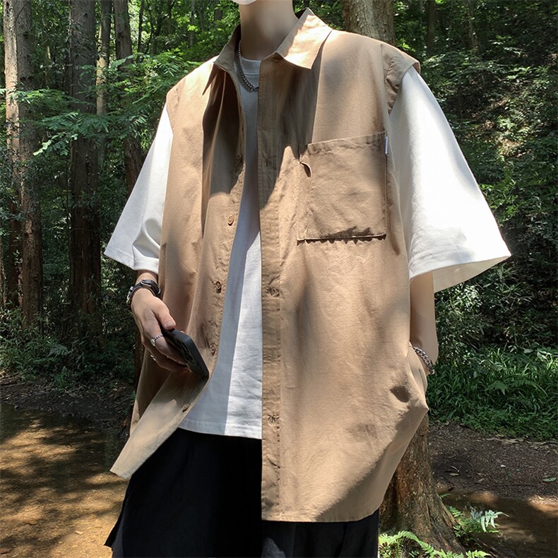 假两件衬衫男短袖韩版潮流拼色2023夏季新款ins宽松外套CY409-P38,男装衬衫,星座412-3