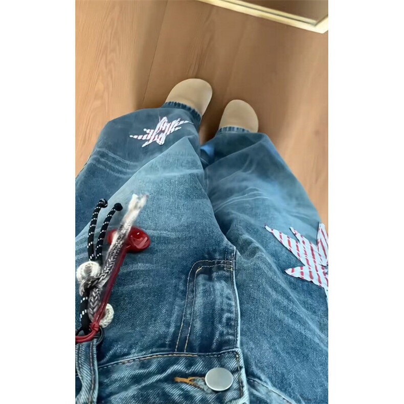 美式复古星星贴布牛仔裤男女宽松阔腿跳舞裤子弯刀裤潮 N6087图片
