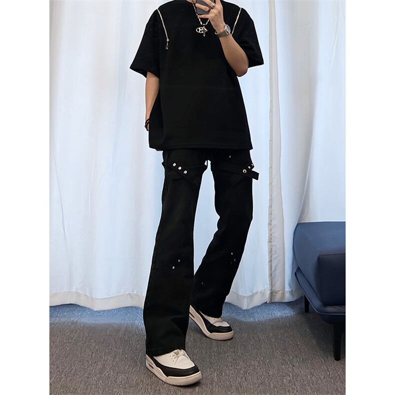 美式hiphop裤子交叉绑带黑色牛仔裤KZ05-P55,男装牛仔裤,星座310A-4