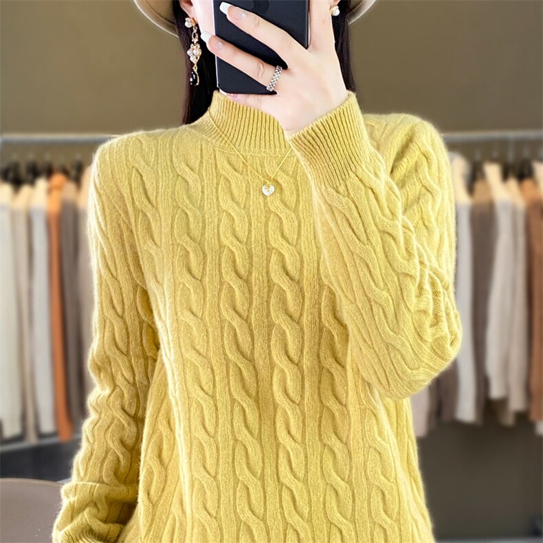 女士羊毛衫加大麻花半高领加厚羊毛，女装羊毛衫，鑫源羊绒