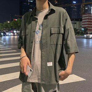 204-CS05-P45  有视频 日系oversize 宽松纯色衬衫潮男韩版五分袖图片