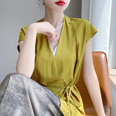 2025夏季新款新中式国风桑蚕丝上衣女短袖衬衫青花瓷印花立领小衫，女装针织衫/毛衣，佳绒高端店
