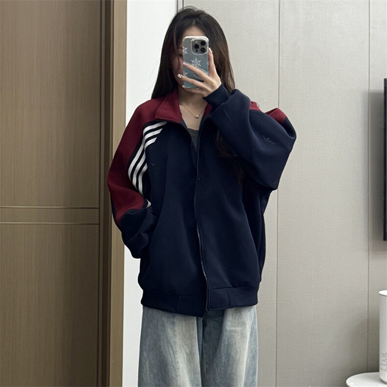 抖音得物高品质美式高街重磅结构织带拼接撞色立领卫衣外套CM41,女装短外套,电商A486-1