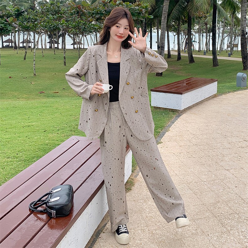 高级感时尚镂空西装套装女2025春季新款宽松休闲外套阔腿裤两件套,女装套装/套裙,2C085