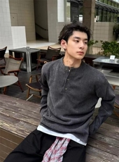 美式复古亨利领长袖t恤老钱风肌理感-A061-LK80194-特批40-网图！，男装T恤，电商A061