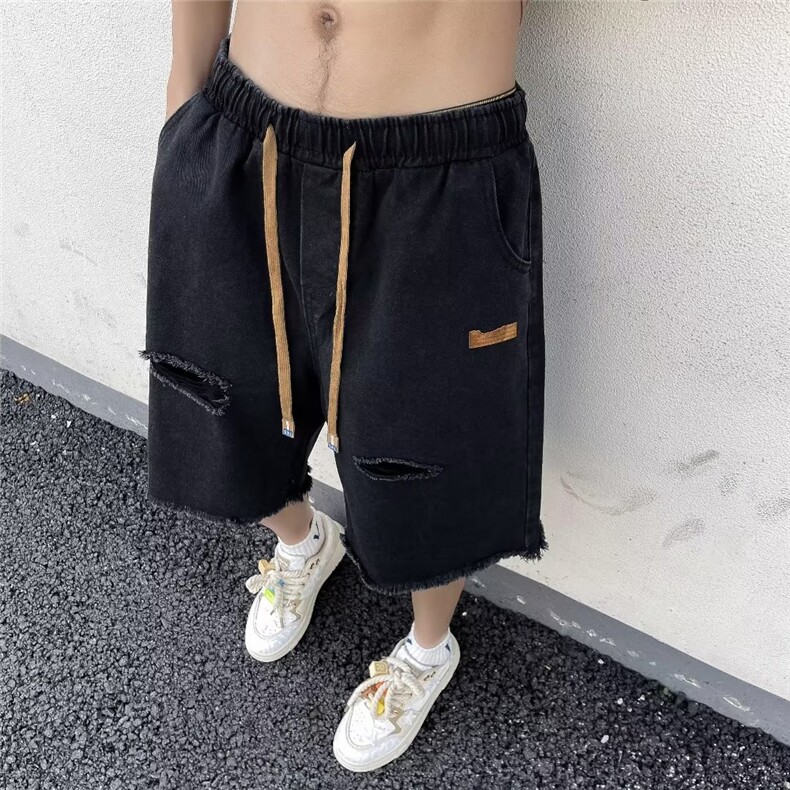 美式黄泥色破洞牛仔短裤男款夏季透气毛边五分裤N585-P40,男装牛仔裤,星座1109-3