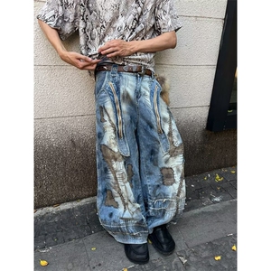 男女美式污渍乱针弯刀牛仔裤2025阔腿牛仔宽松镰刀裤RK3141-P92图片