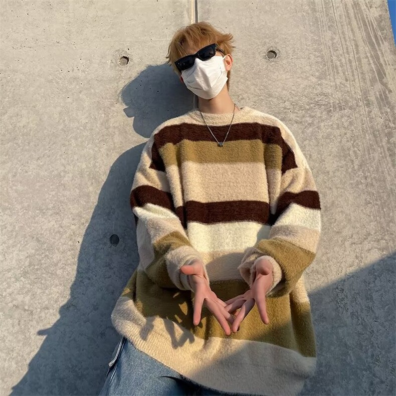 秋冬季撞色条纹软糯水貂绒加厚毛衣男女潮牌情侣套头长袖卫衣7179,男装针织衫/毛衣,星座506