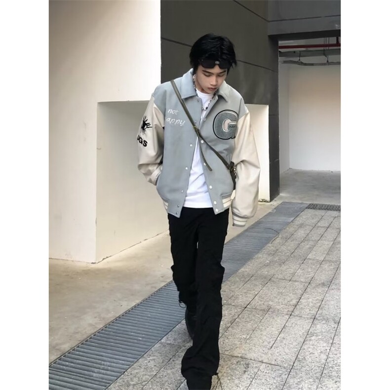 美式毛呢拼接棒球服外套男女春秋休闲宽松复古刺绣潮牌夹克上衣,男装夹克,星座1210-1