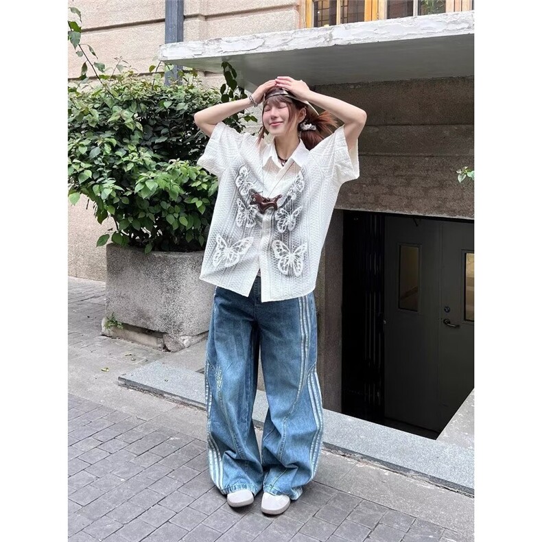 Y601-P57 美式复古水洗解构弯刀牛仔裤女高街条纹拼接宽松显瘦图片
