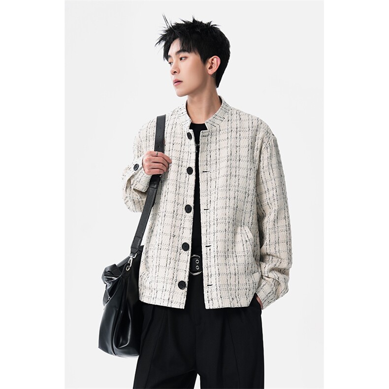 XF2623/P75春装小香风西服男短款夹克格子新中式西装痞帅立领外套，男装夹克，电商A141