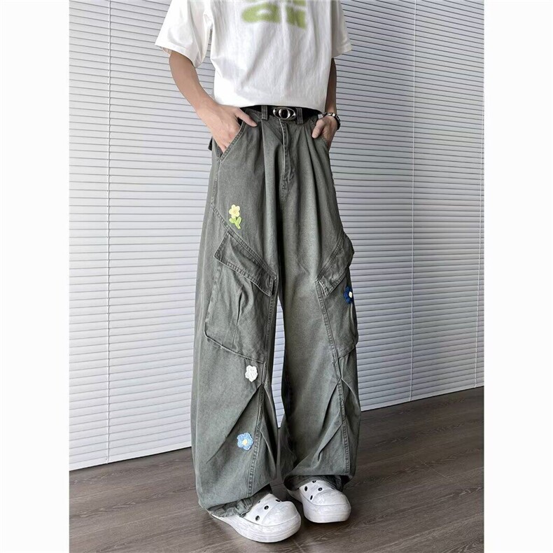 军绿色花朵刺绣弯刀工装牛仔裤女夏季高腰宽松显瘦梧桐阔腿长裤子,男装牛仔裤,星座813-2