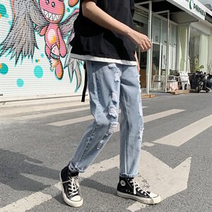 破洞牛仔裤男韩版九分裤bf港风宽松直筒乞丐裤图片