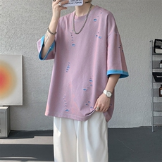 T10137-特批33控68开口笑高品质夏季大码短袖破洞潮流百搭T恤，男装T恤，电商A059