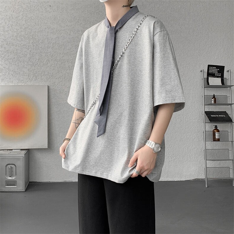 T10136-特批35控68新款小众夏季短袖撞色拼接双纱面料大码T恤,男装T恤,电商A059