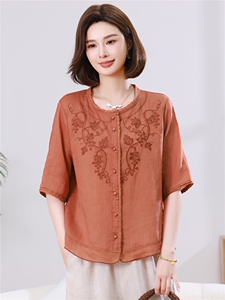 2026苎麻棉麻刺绣上衣女夏季薄款透气中袖衬衫中年妈妈宽松图片