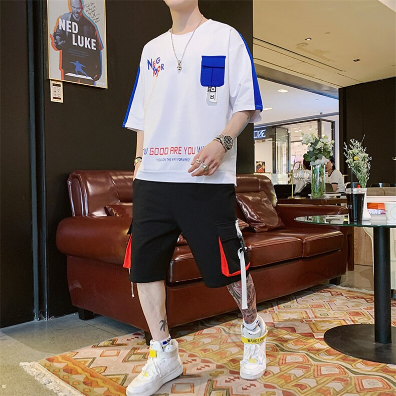 新款夏季棉质短袖套装男休闲运动短裤宽松T恤上衣两件套F161P70,男装休闲套装,电商A086