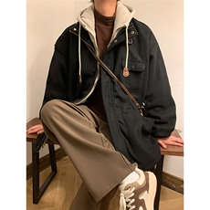EQ158冬季新款港风日系毛呢大衣假两件加厚连帽棉服棉衣外套P145，男装毛呢大衣，电商C306-1
