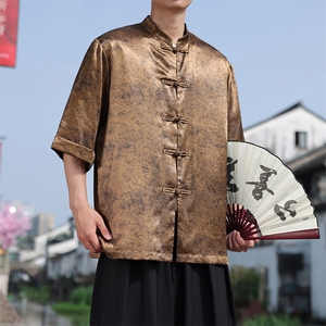 新中式大码七分袖衬衫2025夏季新款男立领大码盘扣上衣CS2461-P60图片
