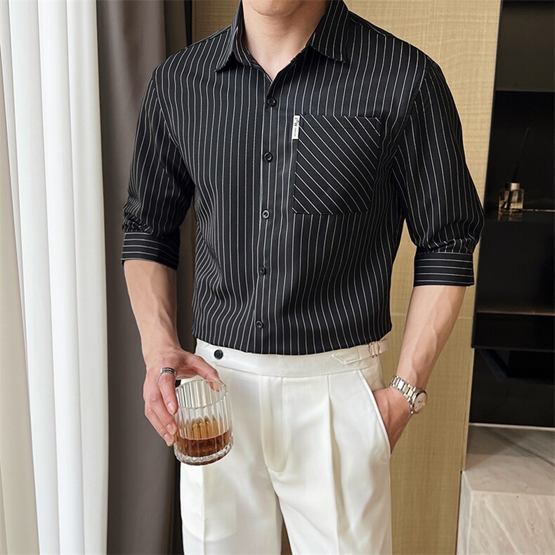 英伦风夏季男士七分袖条纹衬衫男休闲修身休闲衬衣A236-C660-P58,男装衬衫,电商A236