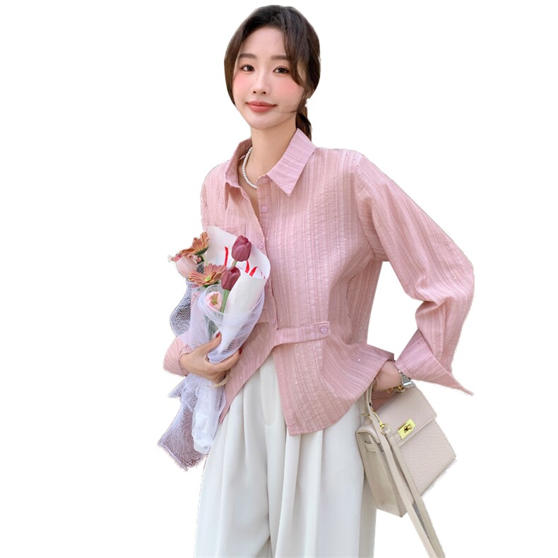 2025春季女装新款粉色不规则错扣亮片衬衫配时尚休闲宽松白色长裤,女装蕾丝衫/雪纺衫,2C233