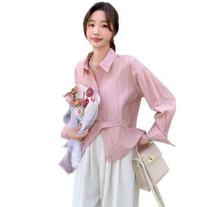 2025春季女装新款粉色不规则错扣亮片衬衫配时尚休闲宽松白色长裤图片