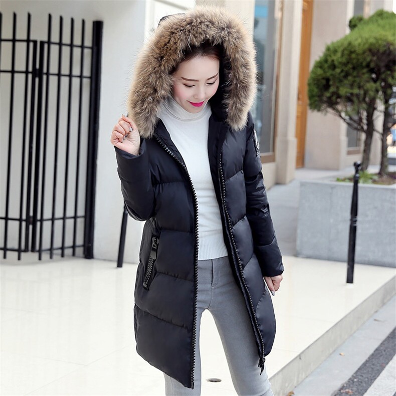 2020年冬季长袖加厚中长款修身口袋带毛领拉链连帽纯色棉衣/棉服，女装棉衣/棉服，蓝诺裳