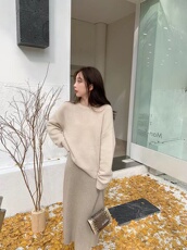 落肩圆领女重磅加厚套头长袖毛衣宽松慵懒减龄针织打底衫，女装针织衫/毛衣，半城羊绒