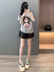 女夏季新款韩版运动休闲套装圆领卡通印花短袖宽松牛仔短裤两件套，女装套装/套裙，江南